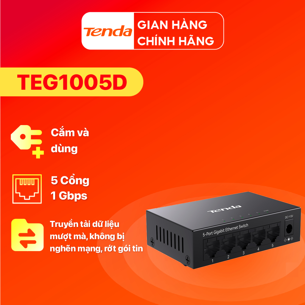 Tenda TEG1005D Bộ Chia Mạng Switch 5 Cổng Gigabit Ổn định và bền bỉ chống sét 6KV IGMP Snooping