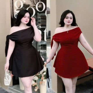 Váy Thiết Kế Bigsize nista Đầm Thiết Kế Lệch Vai Buộc Nơ Dáng Xòe Ngắn Bigsize Từ 55 - 90 Ký TuMu08