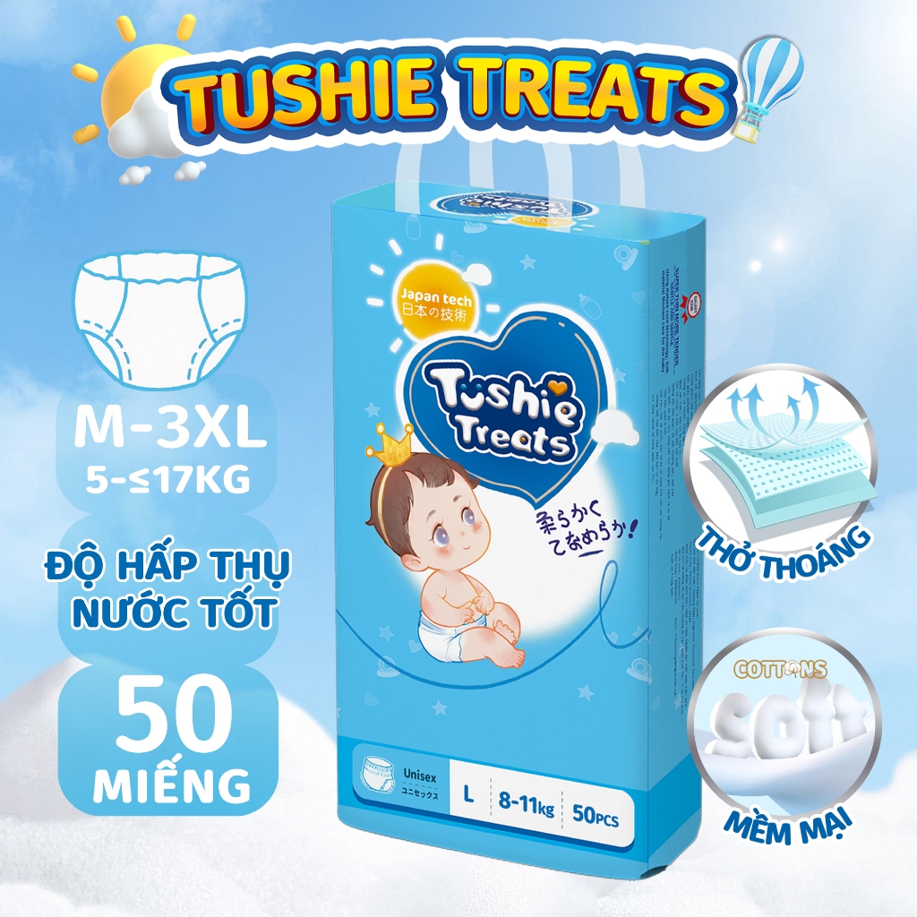Tushie Treats 50 Miếng tã quần cho bỉm em bé Công nghệ Nhật bản ôm sát thấm hút thông thoáng M-L-XL-
