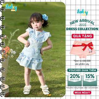 Set áo bé gái ILABY phối bèo thêu hoa kèm chân váy tầng ren màu xanh [3065]