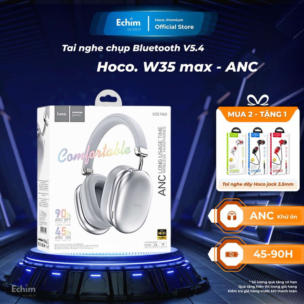 Tai nghe chụp tai bluetooth Hoco W35 max - ANC khử ồn chủ động V5.4 chính hãng, pin 90H âm thanh HIF