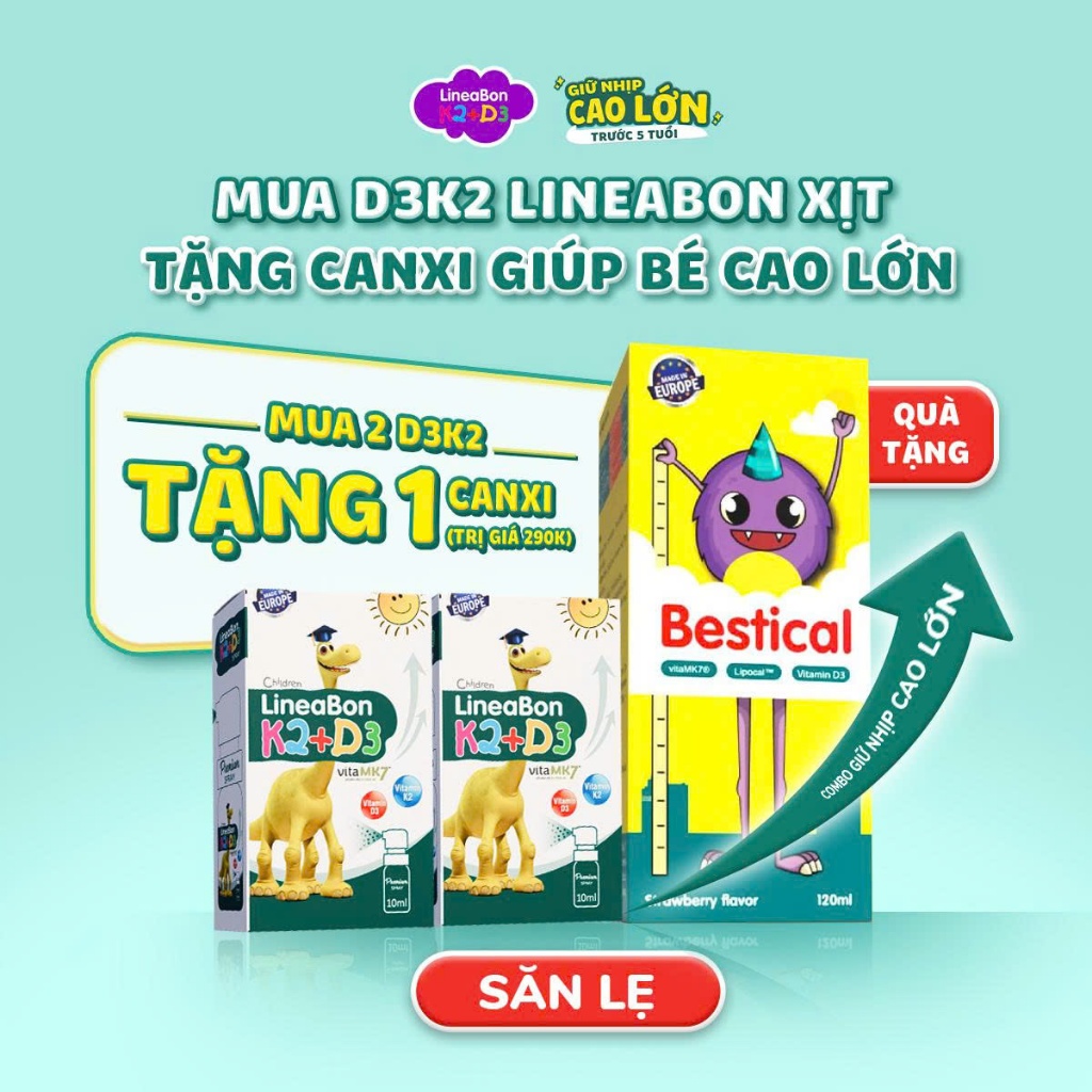 Combo 2 D3k2 lineabon xịt tặng 1 canxi Bestical giúp bé cao lớn