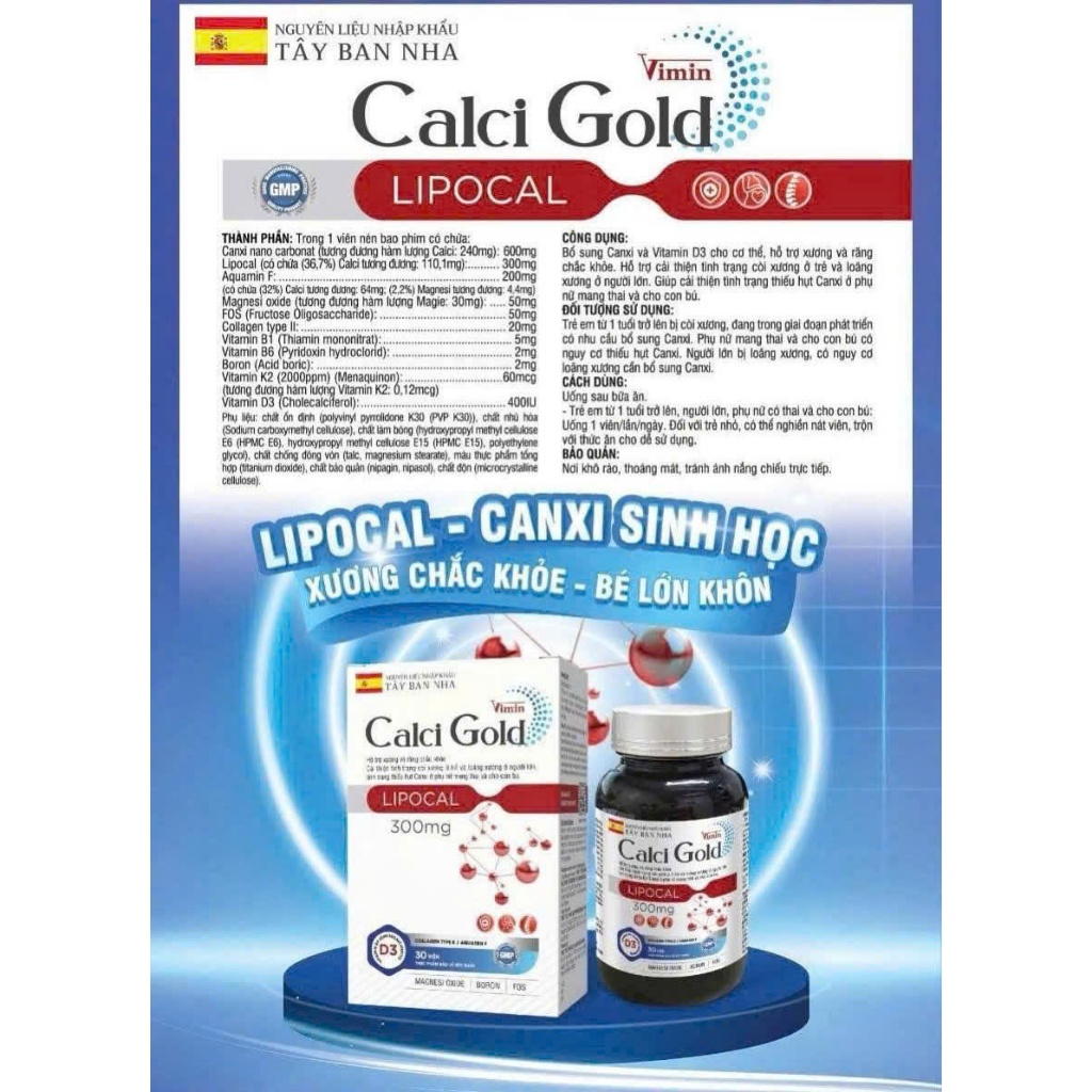 LIPOCAL Canxi Sinh Học - Tăng Chiều Cao, Hấp Thu Tối Đa, Chắc Xương Hấp Thụ Nhanh (lọ 30 viên)