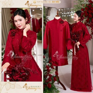  Áo dài cưới cô dâu Phong Vân Kim Phụng ADC887 may sẵn lụa ren 6 tà dệt kim sa nhũ dáng xuông đẹp 