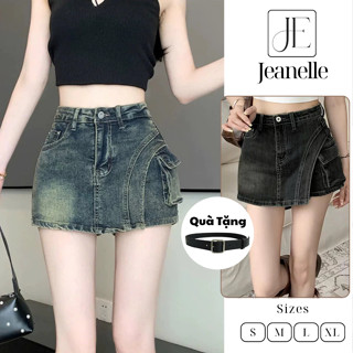 Chân váy jeans nữ chữ a cạp cao tôn dáng, quần giả váy jeans dáng A màu bạc L1 Jeanelle Store