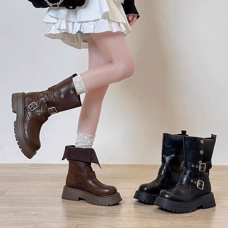 Phong Cách Anh Xuân Thu Nữ Đế Dày Chống Trơn Trượt Chống Trơn Trượt Giày Bốt Đế Bằng Mùa Xuân Thu PU Giữa Gót (3-5cm)