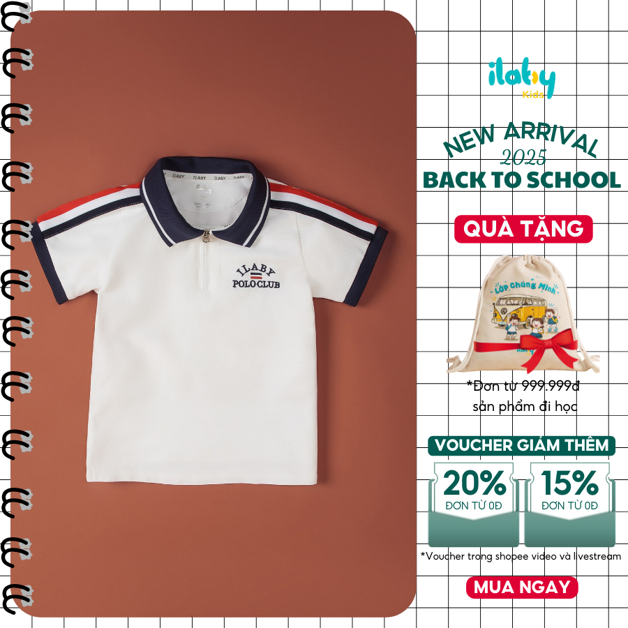 Áo polo ILABY bé trai tay ngắn phối sọc thể thao trắng navy năng động [3075]