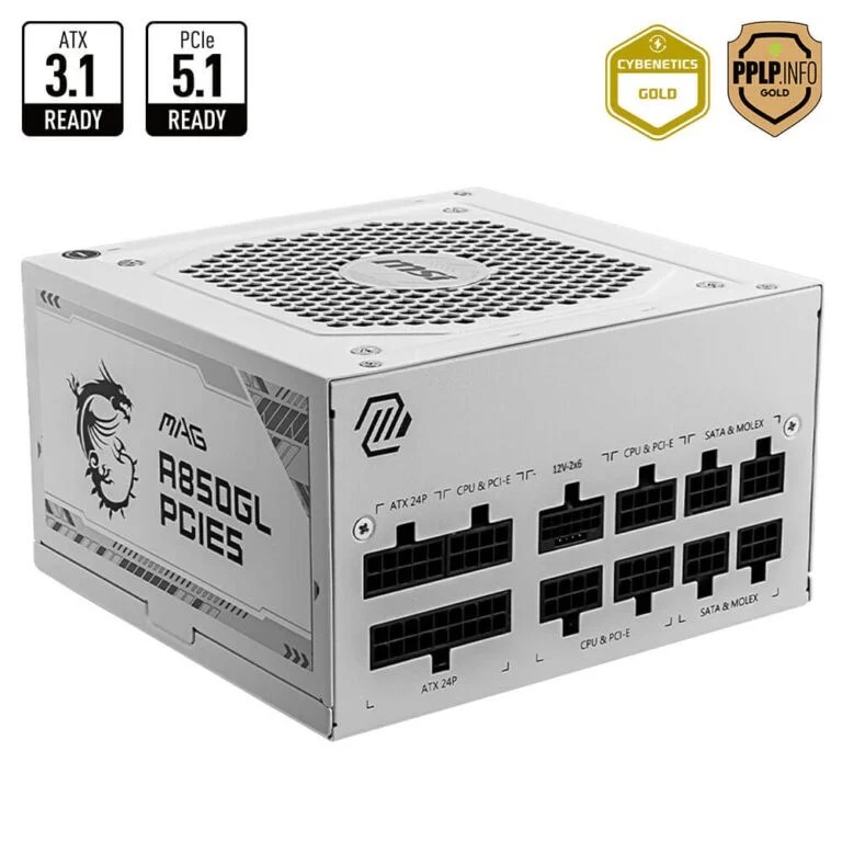 Nguồn máy tính MSI MAG A850GL PCIE5 WHITE ATX 3.1 – 850W 80Plus Gold – Fully Modular