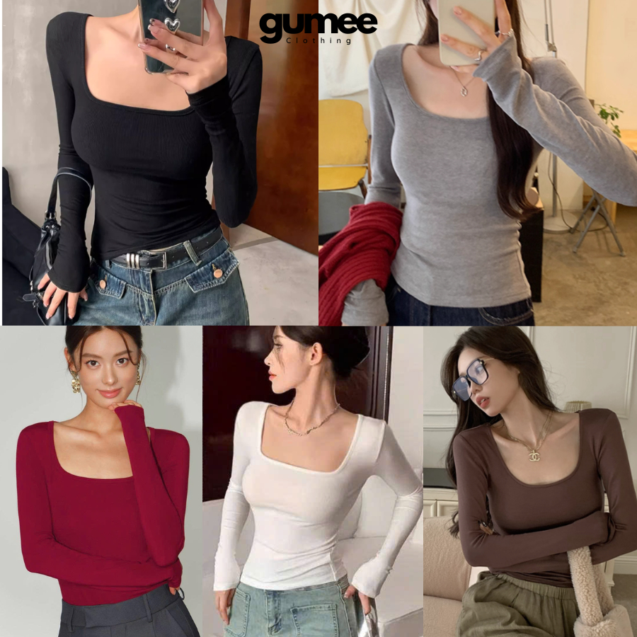 Áo thun tay dài cổ vuông nữ Gumee, áo dài tay ôm body croptop fit dáng cup ngực mặc thu đông - G12 | BigBuy360 - bigbuy360.vn