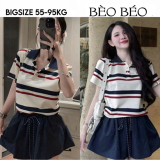   BÈO BÉO BIGSIZE   SET ÁO POLO KẺ XANH ĐỎ PHỐI CHÂN VÁY XOÈ BỒNG FORM BIGSIZE 60-90KG 