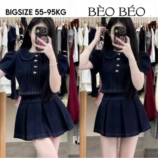   BÈO BÉO BIGSIZE    KÈM NỊT  SET 4 MÓN JEANS ÁO CỔ SEN ĐÍNH TAG ĐÁ KÈM CHÂN VÁY XẾP LY XOÈ FORM BIGSIZE 60-90KG 