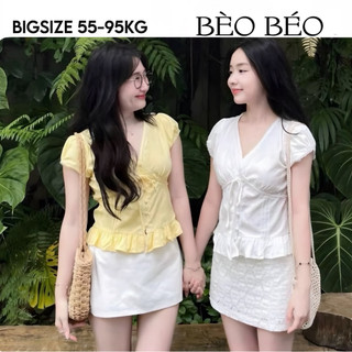   BÈO BÉO BIGSIZE   ÁO KIỂU CỔ V NÚT BỌC PHỐI REN TAY CON FORM BIGSIZE 60-90KG 