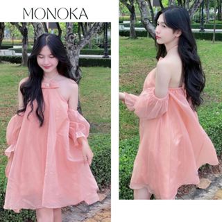  Váy tiểu thư trễ vai tay bồng dáng rộng chất voan 2 lớp nơ ghim cài áo đính đá Đầm hở vai cổ yếm bánh bèo T100G MONOKA 