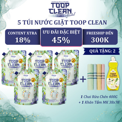 Combo 5 Túi Nước Giặt Thảo Mộc TOOP CLEAN Herbal 2,6 Kg/ Túi - Chuyên Dụng Cho Máy Giặt
