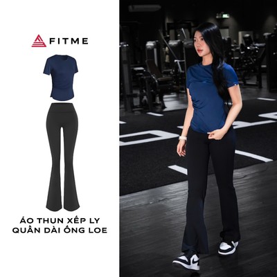 Bộ thể thao tập gym yoga Fitme nữ áo thun xếp ly tôn eo Xanh Navy, quần legging ống loe Flare Đen