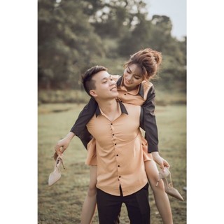 Áo Sơ Mi Đôi Nam Nữ Fig Tree Màu Vàng Phối Đen Model ( hàng thiết kế kèm cận cảnh, feedback )