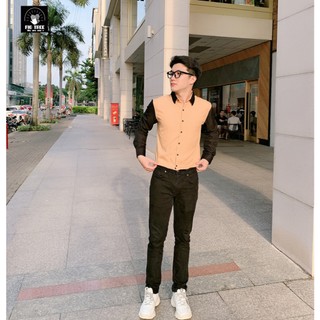 Áo Sơ Mi Đôi Nam Nữ Fig Tree Màu Vàng Phối Đen Model ( hàng thiết kế kèm cận cảnh, feedback )
