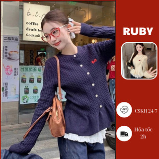 Áo cardigan len cách điệu Ruby dáng ôm, Áo len cardigan viền xoè thêu loho nơ đỏ phong cách Hàn Quốc_AL28