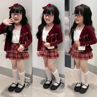   ĐỘC QUYỀN EMMY x HANA KIDS  Set Áo Cdg Len Lông Thỏ Mỏng Mềm Mịn Kèm Chân Váy Xếp Li Caro Đỏ Siêu Xinh 