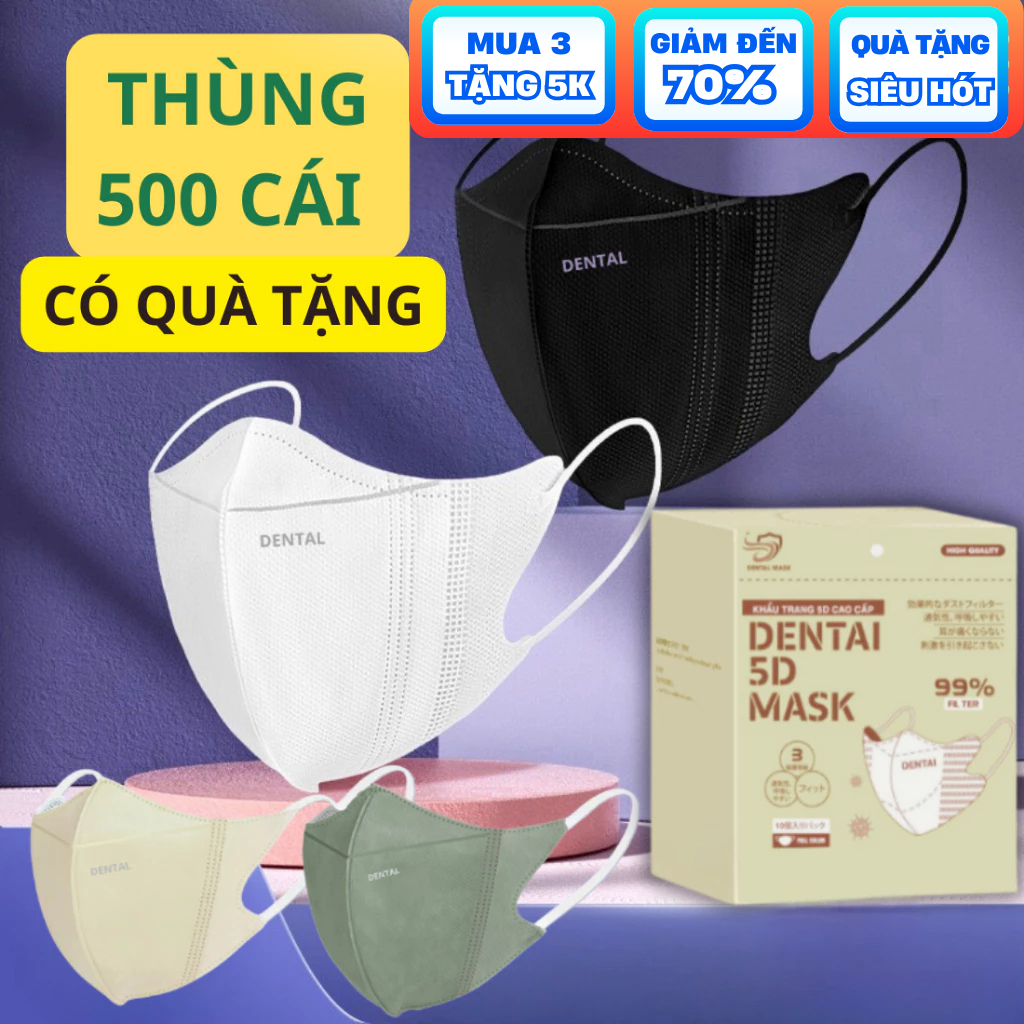 (Tặng 10 chiếc) Thùng 500 cái khẩu trang 5D DENTAL MASK chính hãng cao cấp chống tia UV và bụi