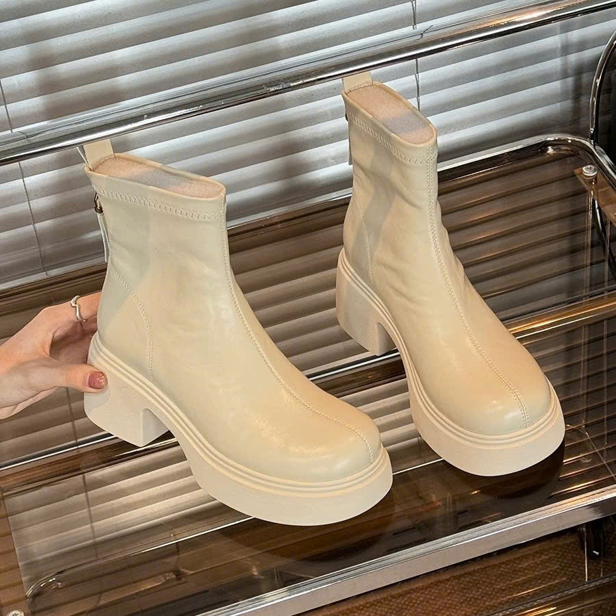 Giày nữ, giày bốt nữ cổ tròn đế cao 6cm phong cách Hàn