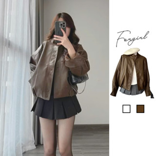  Áo khoác da nữ cổ tàu dáng bomber Forgirl áo da nữ oversize phối cúc chất liệu da PU mềm T206 