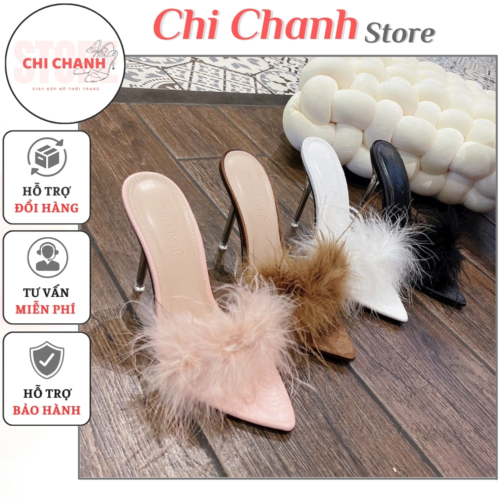 Guốc gót nhọn lông vũ cao 10P siêu sang lên chân cực tôn dáng siêu xinh Chị Chảnh Store G86 