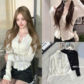 METWO. - Set áo khoác cardigan len mỏng mongtoghi bèo kiểu dài tay QC kèm áo 2 dây viền ren nơ ngực ulzzang tiểu thư HQ