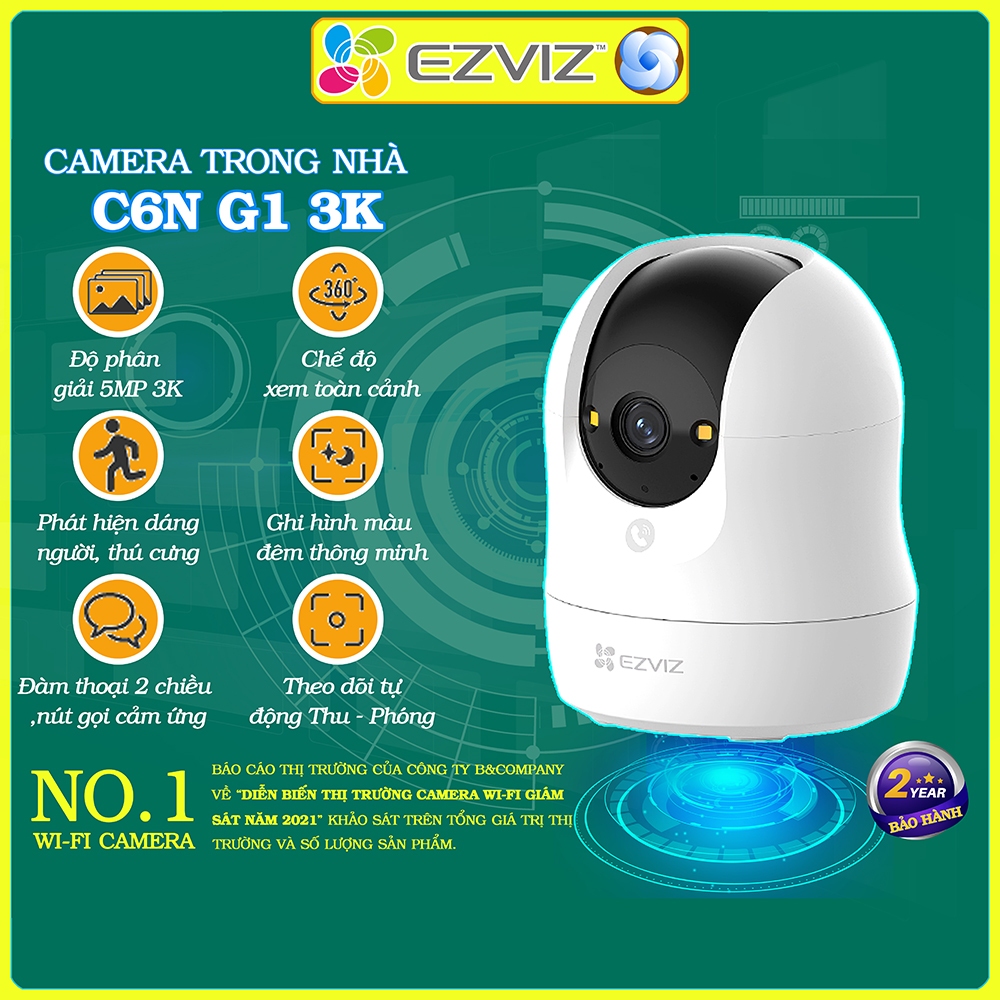 Camera Ezviz C6N G1 3K 5MP, đàm thoại, xoay 360, góc dọc rộng, đèn màu đêm khi có người