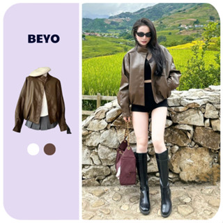  Áo khoác da nữ cổ tàu Beyo áo da dáng bomber oversize bo chun gấu phối cúc chất da PU trendy T206 