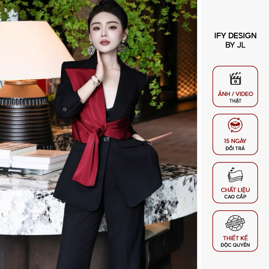 Set vest blazer công sở nữ IFY DESIGN thiết kế chiết eo phối lụa hàn vải tuytsi cao cấp mềm mịn - SL