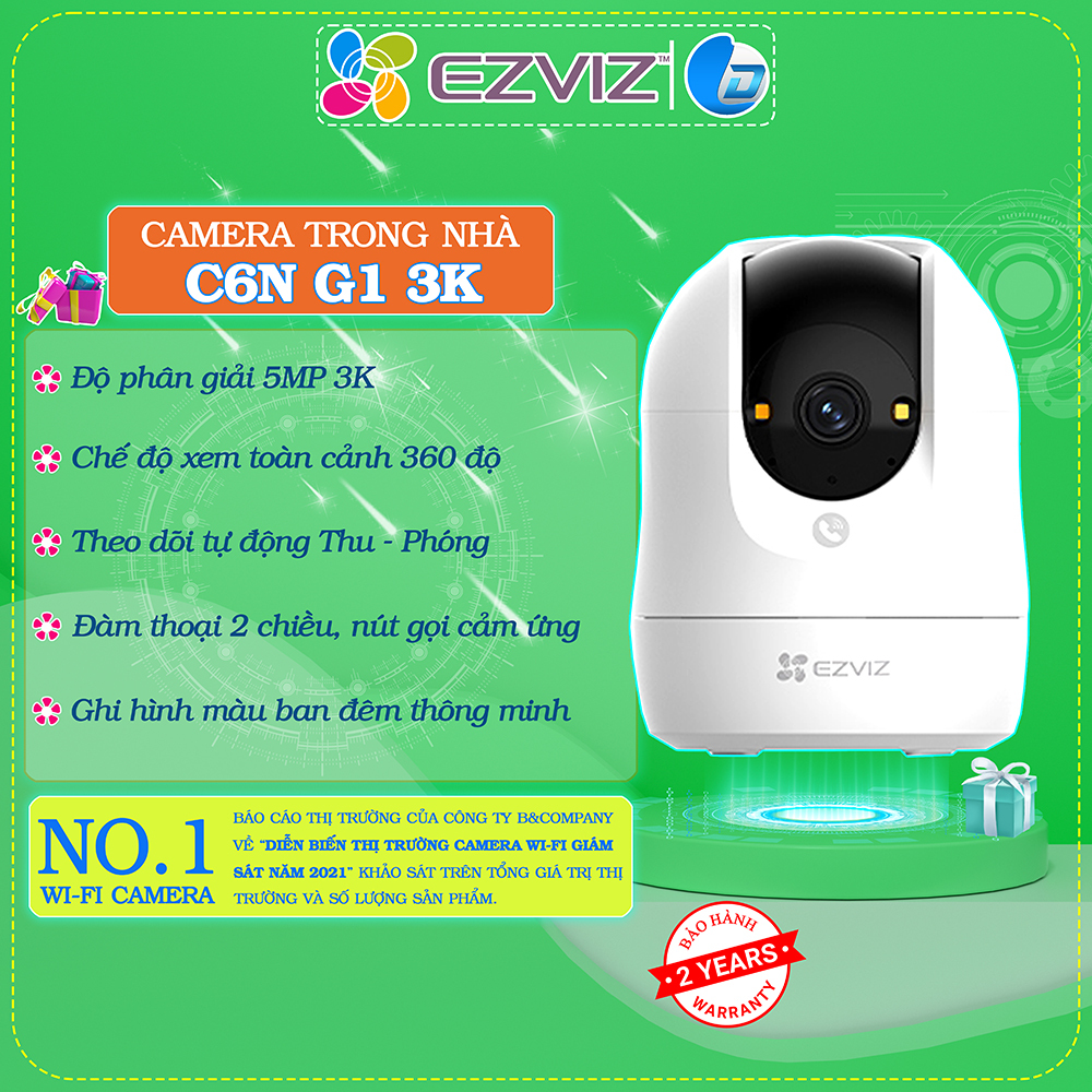Camera Ezviz C6N G1 3K 5MP, đàm thoại, xoay 360, góc dọc rộng, đèn màu đêm khi có người