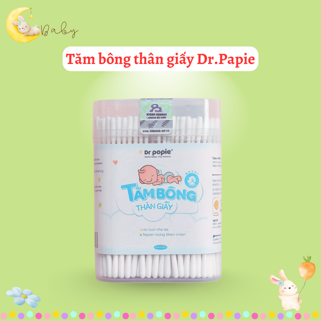 Tăm Bông Thân Giấy Dr.Papie Cho Bé 0-2 tuổi - Hộp 280c - 100% Cotton Mềm Mại, An Toàn, Thân Thiện