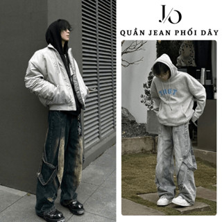  Quần Jean Phối Dây Nam 3 Màu WASH RETRO Suông Rộng Quần Jean Mang Mực Unisex BIGSIZE Phong Cách Năng Động 