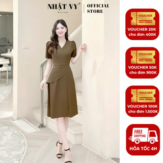  Đầm công sở Nhật Vy cổ V nhún eo cách điệu form dáng ôm chất lụa phù hợp đi chơi - D3478 
