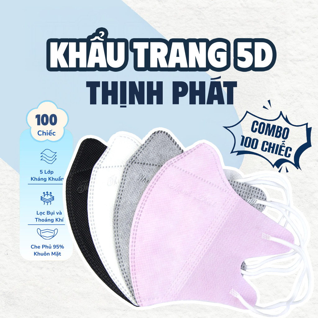 100 Chiếc khẩu Trang 5D Thịnh Phát 3 lớp kháng khuẩn kháng giọt bắn chống tia UV
