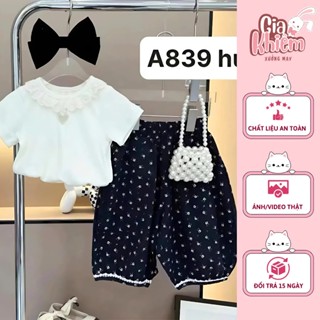   6-25kg  A839 Set áo cộc tay cổ bèo mix quần họa tiết hoa nhí xinh xắn cho bé 