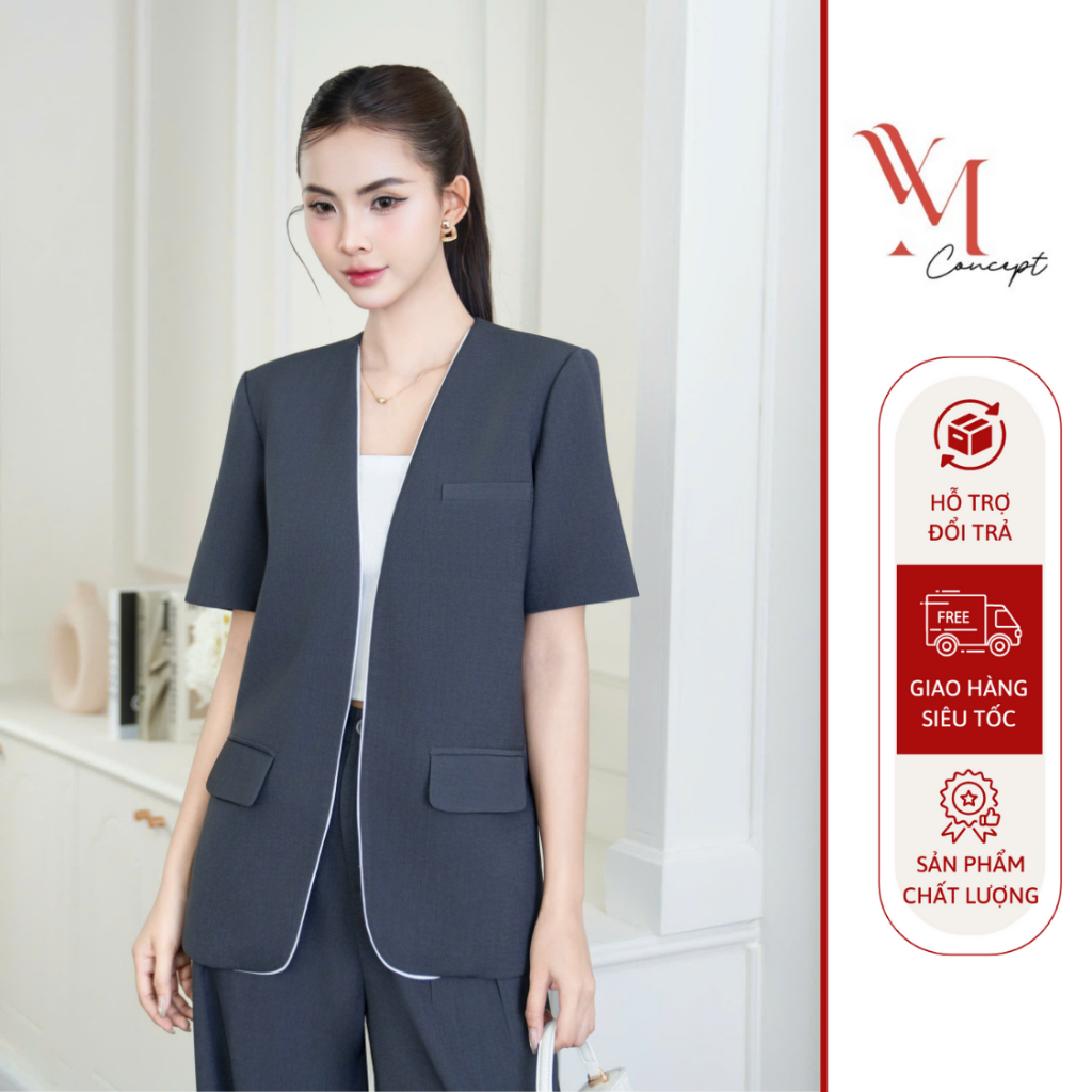 YM Concept Áo Blazer Nữ Thiết Kế Tay Ngắn Phối Viền Nổi Bật Vải Cotton Thoáng Mát D1416