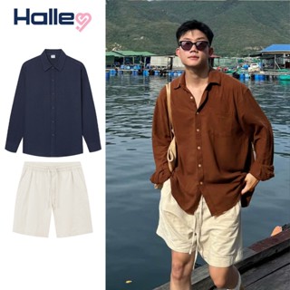 Set Bộ Đồ Quần Áo Nam Gồm Áo Đũi Xước Dài Tay + Quần Short Linen Mát Mẻ Cao Cấp Mùa Hè Halley J47