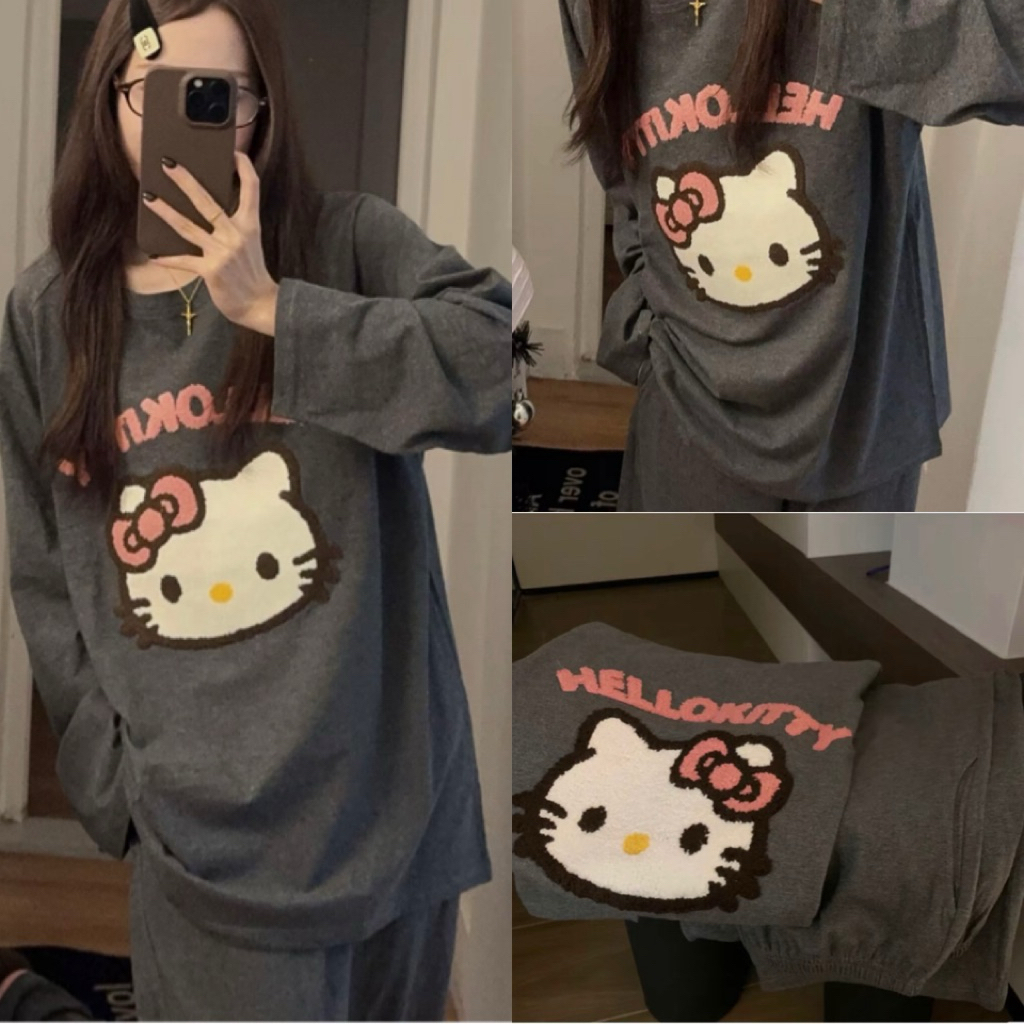 Set Bộ Ngủ Mèo Hello Kitty Phom Rộng Hình Thêu Dành Cho Nữ Mặc Thu Đông