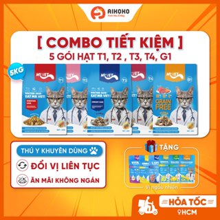 【 COMBO  5 Gói Hạt 1kg Mr.Vet T1, T2, T3, T4, G1 cho Mèo ở Mọi Lứa Tuổi  - Có Topping Sấy cho Mèo
