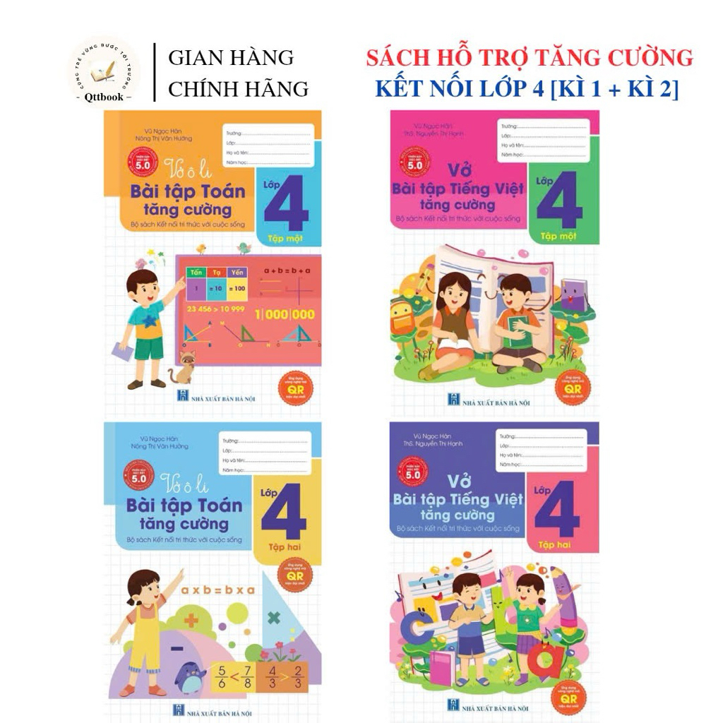 Sách - [ Lớp 4 - Kết Nối ] - (Bộ 4 quyển ): Vở ô li bài tập Toán, vở bài tập Tiếng Việt tăng cường l