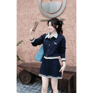  Set len nữ áo cardigan len cổ sơ mi kèm chân váy xếp ly len dáng ngắn mùa thu đông 