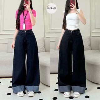  Quần Jean Ống Suông Rộng Joolate Lật Gấu Lưng Cao Chất Liệu Denim Cao Cấp 