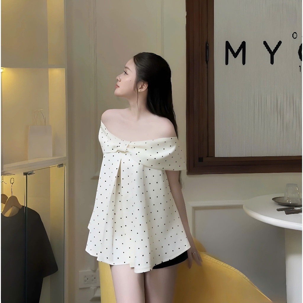 Áo Trễ Vai Phối Nơ Ngang Dáng Babydoll Hoạ Tiết Chấm Bi Chất Liệu Kaki Hàn Mềm Mại | BigBuy360 - bigbuy360.vn