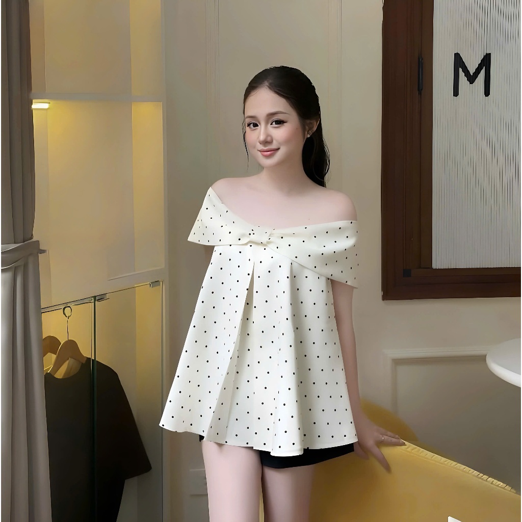 Áo Trễ Vai Phối Nơ Ngang Dáng Babydoll Hoạ Tiết Chấm Bi Chất Liệu Kaki Hàn Mềm Mại | BigBuy360 - bigbuy360.vn