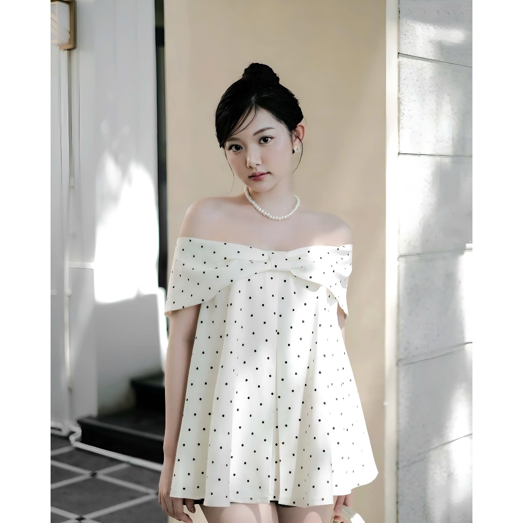 Áo Trễ Vai Phối Nơ Ngang Dáng Babydoll Hoạ Tiết Chấm Bi Chất Liệu Kaki Hàn Mềm Mại | BigBuy360 - bigbuy360.vn