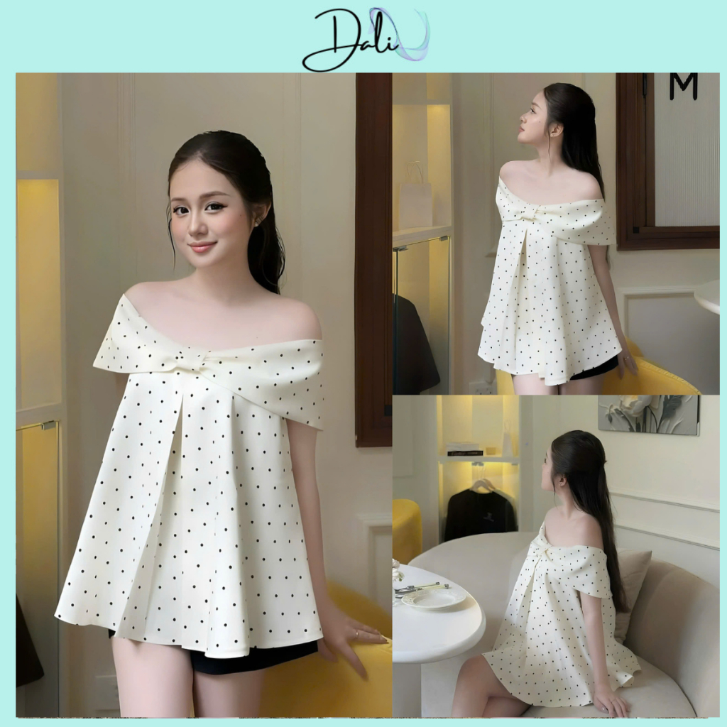 Áo Trễ Vai Phối Nơ Ngang Dáng Babydoll Hoạ Tiết Chấm Bi Chất Liệu Kaki Hàn Mềm Mại | BigBuy360 - bigbuy360.vn