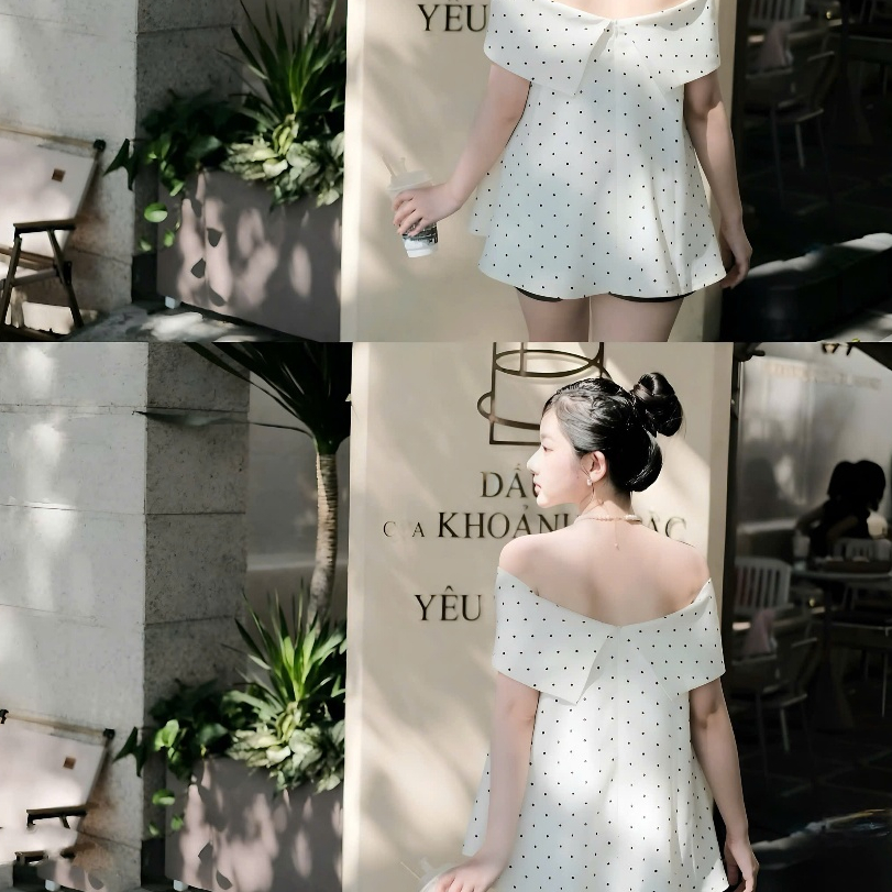 Áo Trễ Vai Phối Nơ Ngang Dáng Babydoll Hoạ Tiết Chấm Bi Chất Liệu Kaki Hàn Mềm Mại | BigBuy360 - bigbuy360.vn