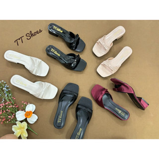    chân mập tăng 1 sie ạ   dép cao gót 2cm da lụa satin vs da bóng cao cấp đính nơ TT Shoes dep2pnỏ 